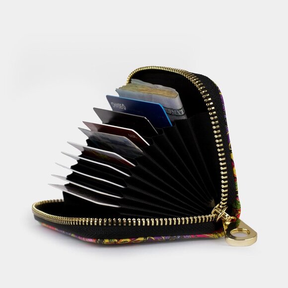 RFID Secure Vegan Leather Zipper Wallet Compact Art Print for Women - Picture 2 of 2